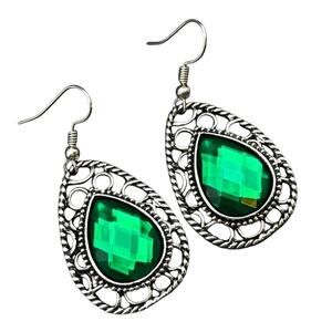 Silver with Emerald Green Crystal Teardrop Dangling Drop Hook Earrings